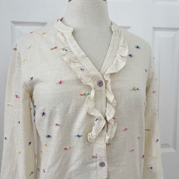 Poeta Womens Multicolored Thread Flecks Embroidered Ruffle Linen Blouse Size XS - Picture 2 of 7